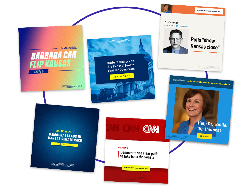 A collage of square advertising images asking viewers to either sign on or donate in support of Barbara Bollier's campaign for Senate