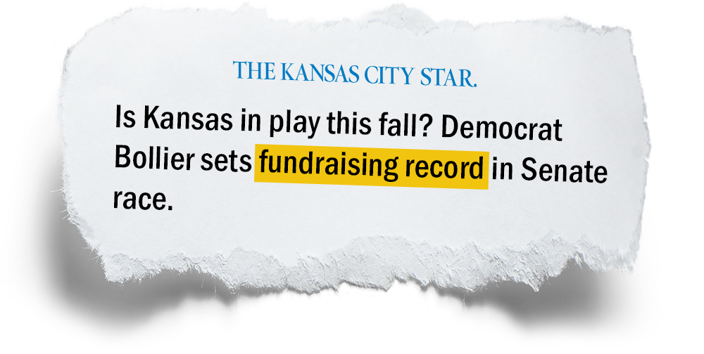 Image of a Kansas City Star headline: "Is Kansas in play this fall? Democrat Bollier sets fundraising record in Senate race."