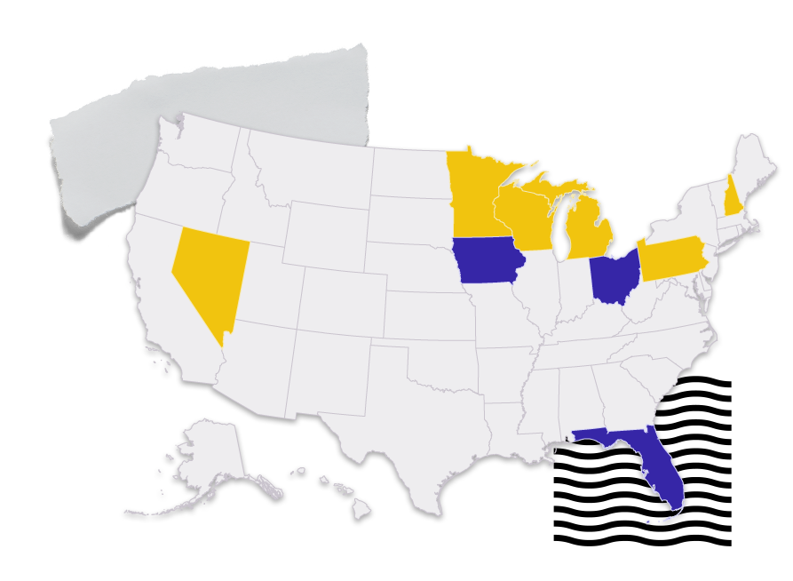 A map of the United States with Nevada, Minnesota, Wisconsin, Michigan, Pennsylvania, and New Hampshire highlighted in gold. Iowa, Ohio, and Florida are highlighted in the same purple as the map earlier on this page.