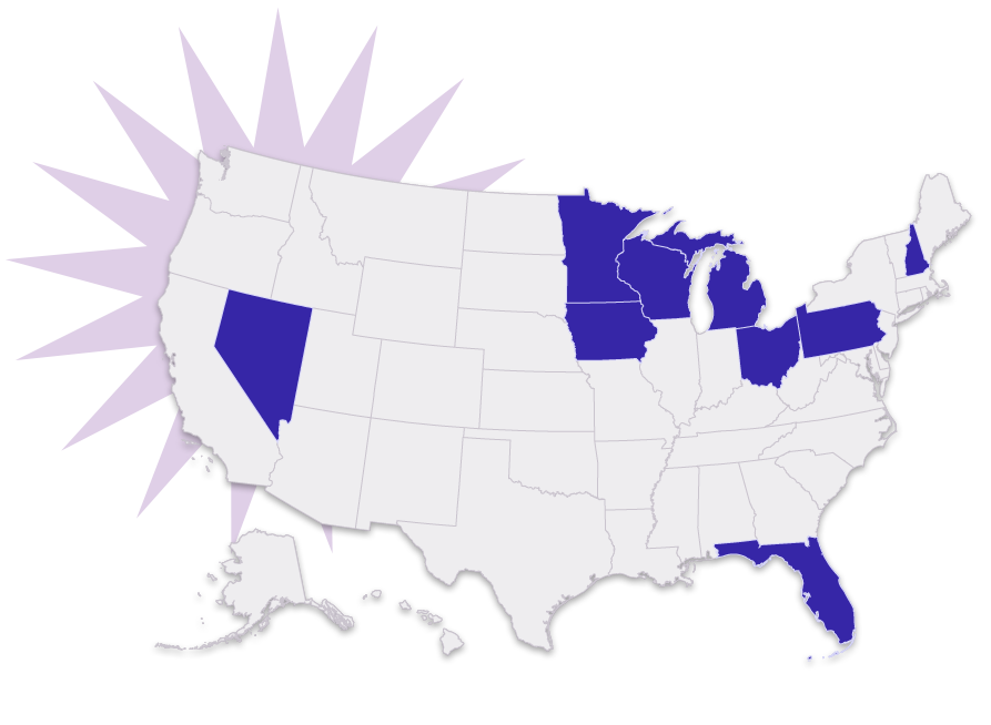 A map of the United States with Nevada, Minnesota, Iowa, Wisconsin, Michigan, Ohio, Pennsylvania, New Hampshire, and Florida highlighted in purple.