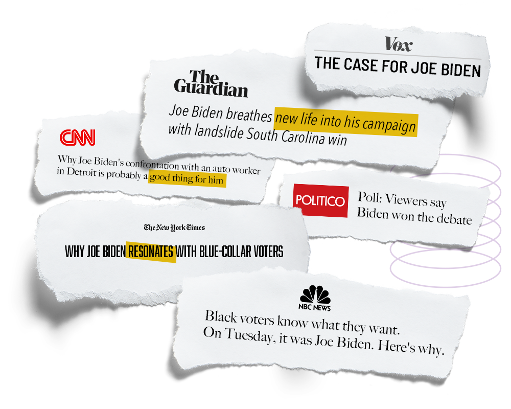 A graphic with a selection of positive headlines about Joe Biden